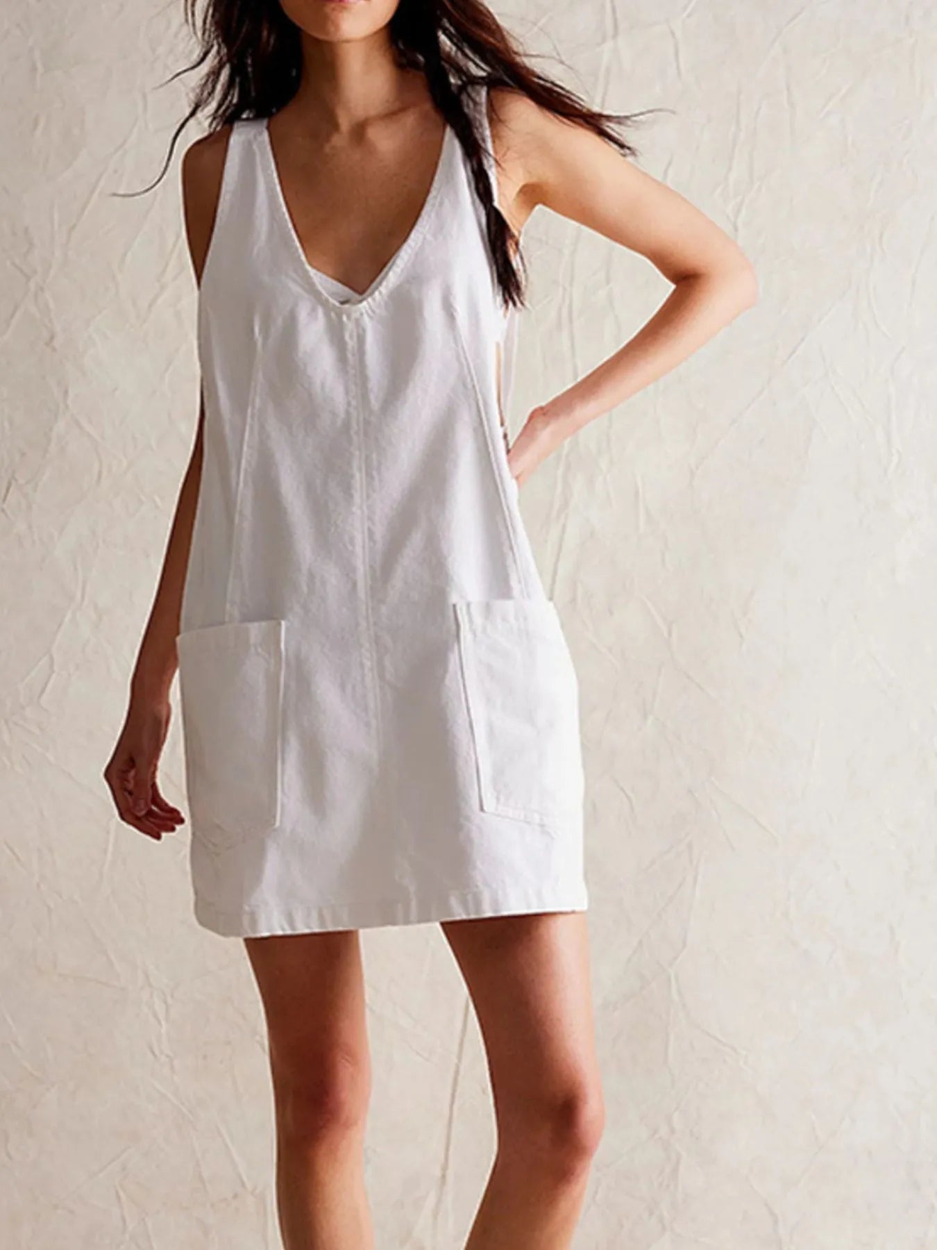 Oversized V-Neck Denim Tank Dress with Front Pockets White Easy Apparels