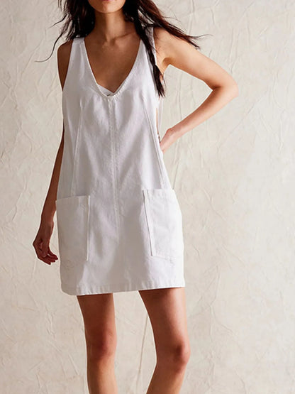 Oversized V-Neck Denim Tank Dress with Front Pockets White Easy Apparels