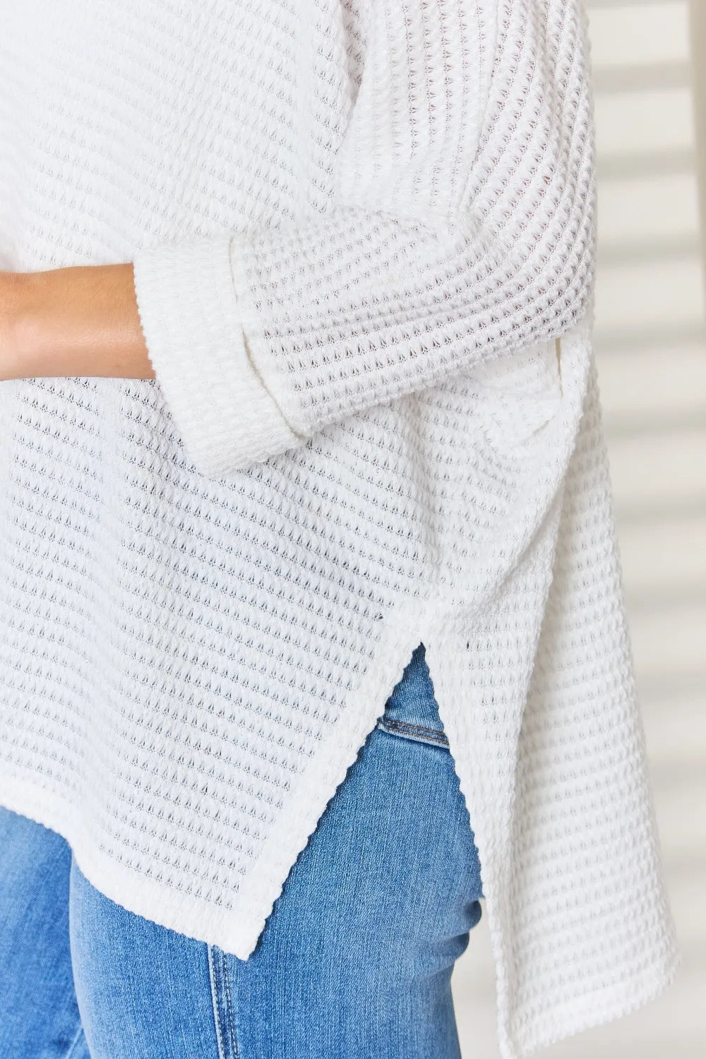 Trendsi Zenana Full Size Waffle Knit V-Neck Long Sleeve Slit Top