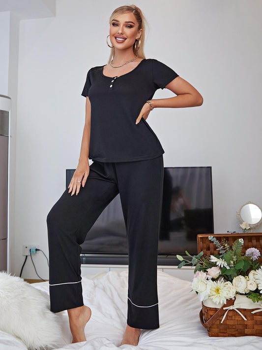 Scoop Neck Top and Elastic Waist Pants Lounge Set Black Easy Apparels