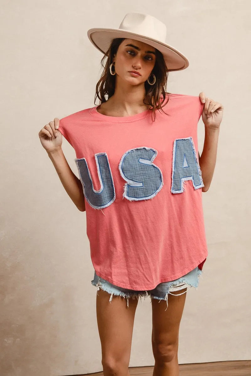 Trendsi BiBi Washed Jersey With Usa Patched Raw Cut Edge Detail