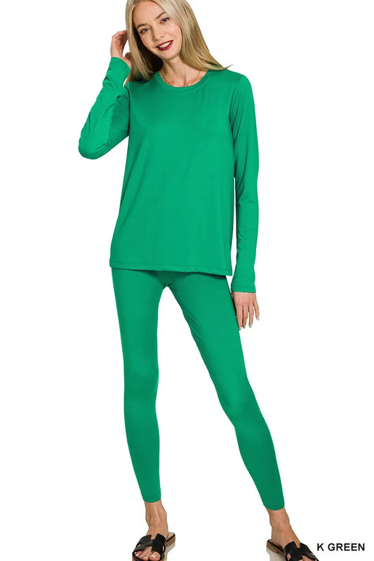 Zenana Microfiber Round Neck Top and Leggings Set K GREEN Easy Apparels