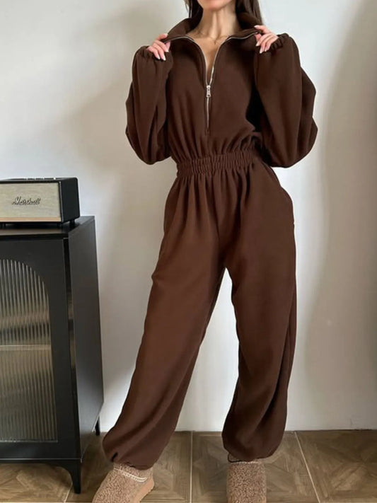 Zip Front Long Sleeve Jumpsuit Brown Easy Apparels