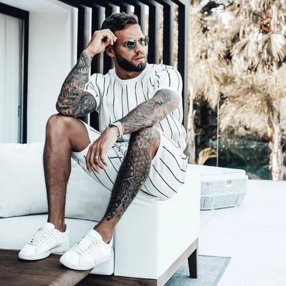 Men's Full Size Striped Casual Top and Shorts Summer Set Plus Size White Easy Apparels