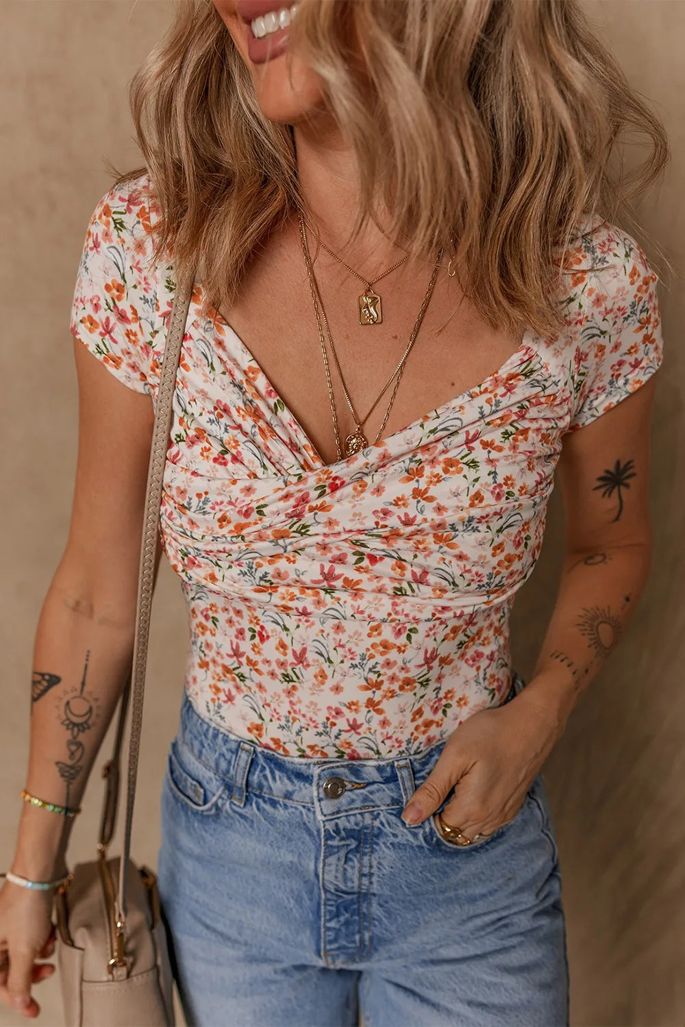 Trendsi Printed Ruched Short Sleeve Bodysuit