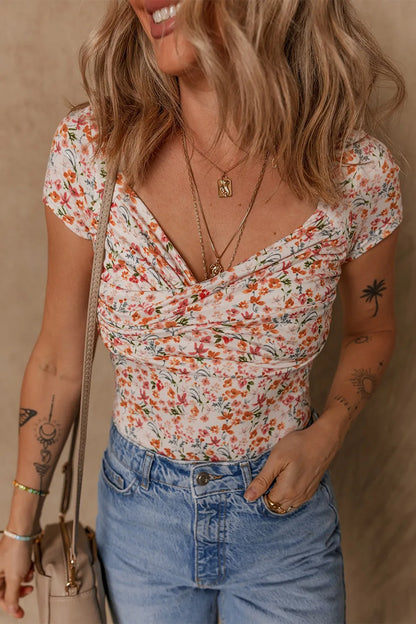 Trendsi Printed Ruched Short Sleeve Bodysuit
