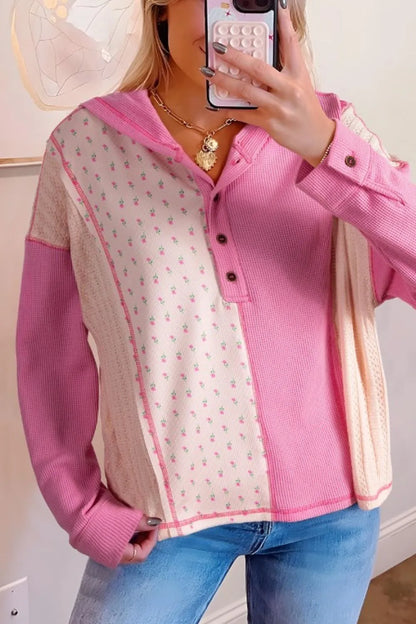Trendsi Color Block Button Detail Hoodie Pink