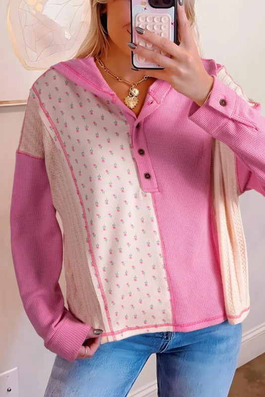 Trendsi Color Block Button Detail Hoodie Pink