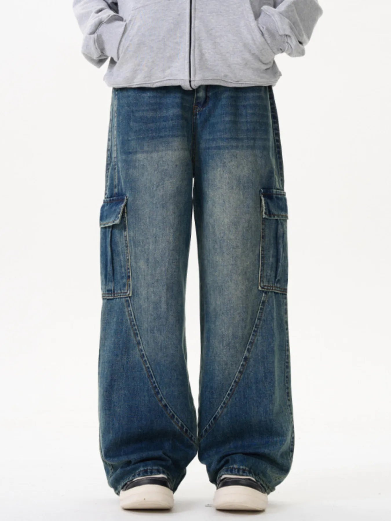 Men's Vintage Washed Wide Leg Cargo Jeans Blue Easy Apparels