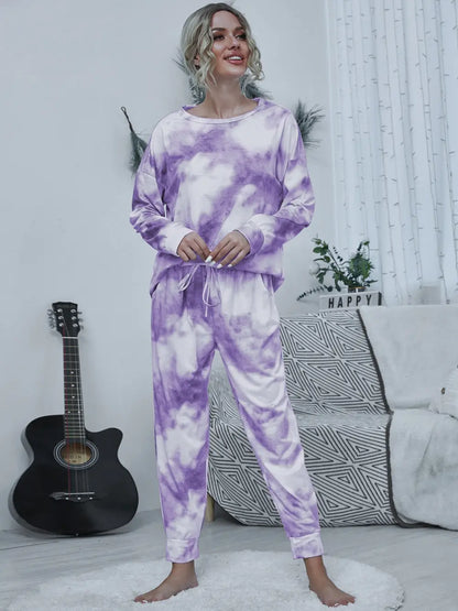 Shiny Tie-dye Round Neck Top and Drawstring Pants Lounge Set Lavender Easy Apparels