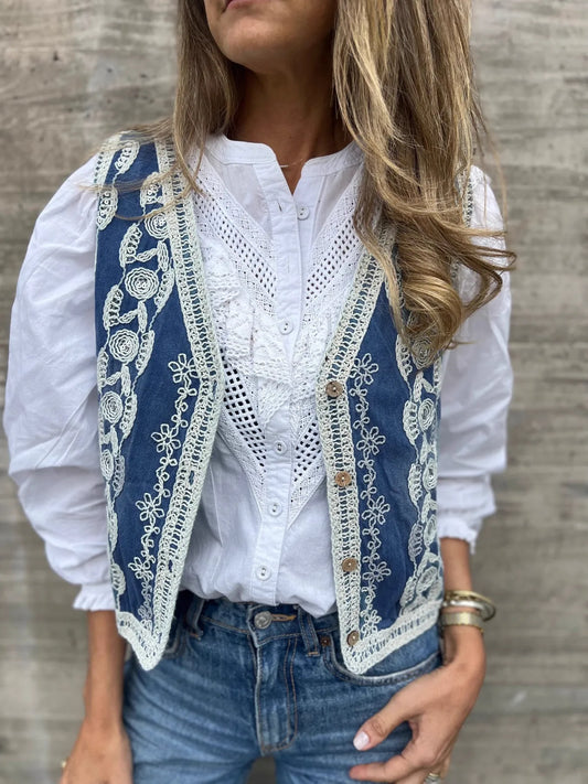 Embroidered Button Up V-Neck Vest Coat Blue One Size Easy Apparels
