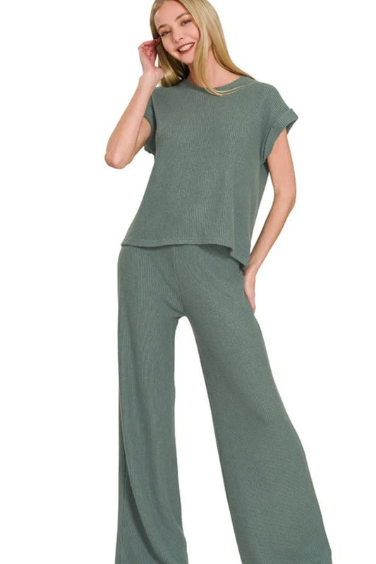 Zenana Rolled Sleeve Top and Pants Sweater Set ASH JADE Easy Apparels
