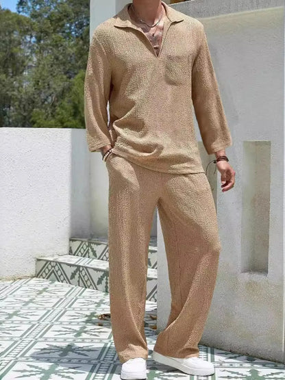 Men's Plus Size Long Sleeve Top and Pants Set Khaki Easy Apparels