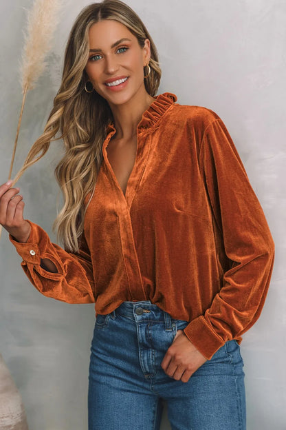 Trendsi Notched Frill Detail Long Sleeve Blouse Brown