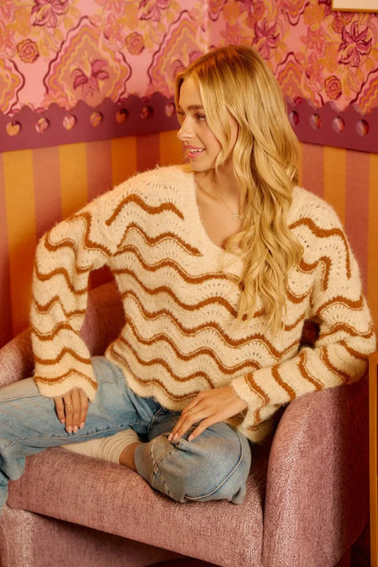 Trendsi BiBi Wavy Stripes V-Neck Cropped Sweater