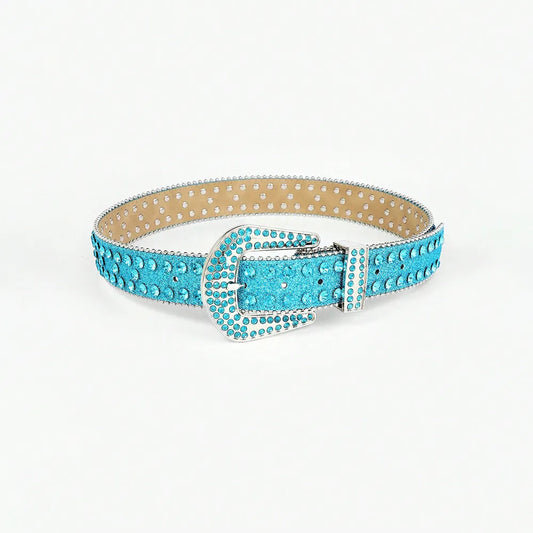 Rhinestone PU Leather Belt Pastel Blue Easy Apparels