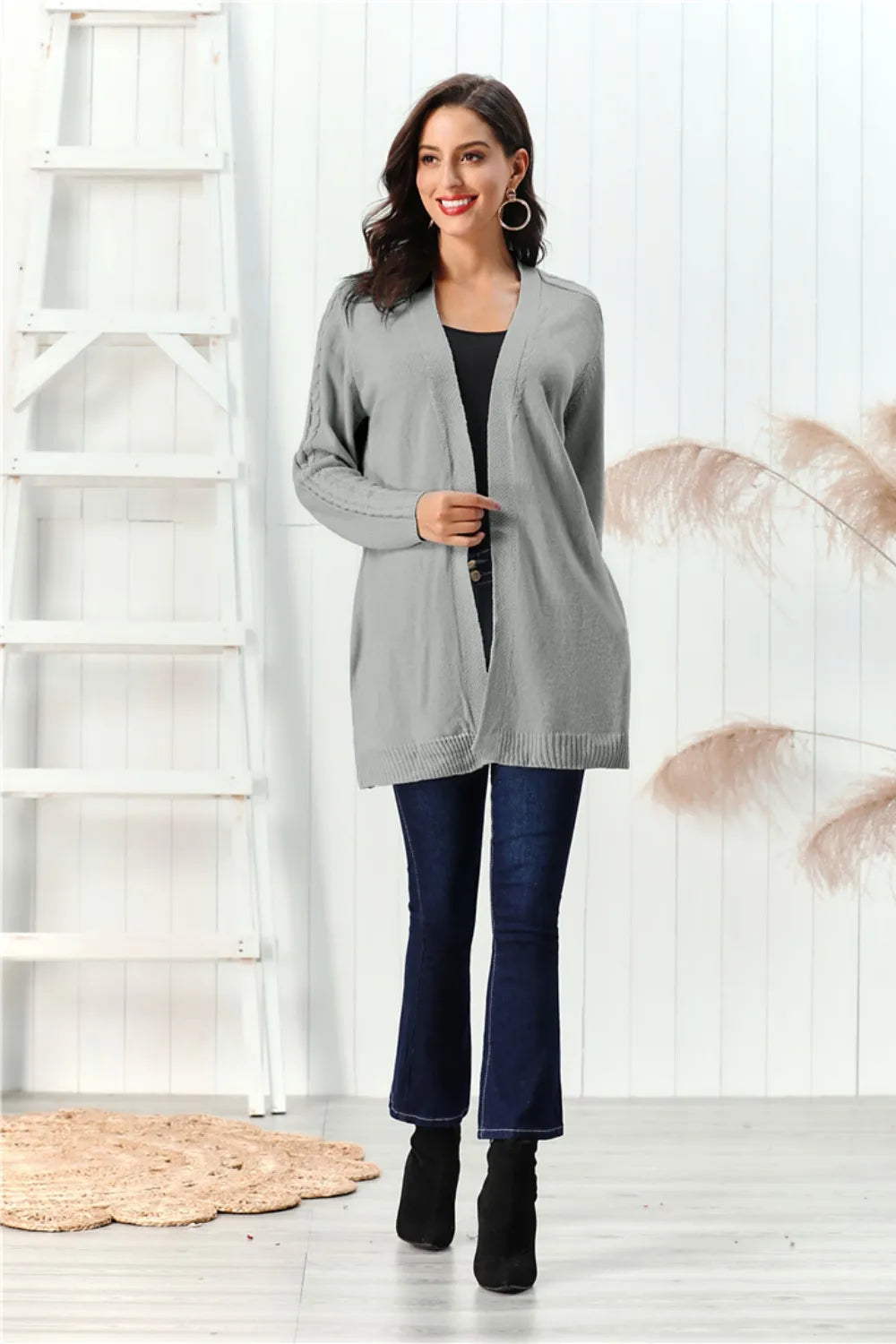 Cable-Knit Open Front Long Sleeve Cardigan Easy Apparels