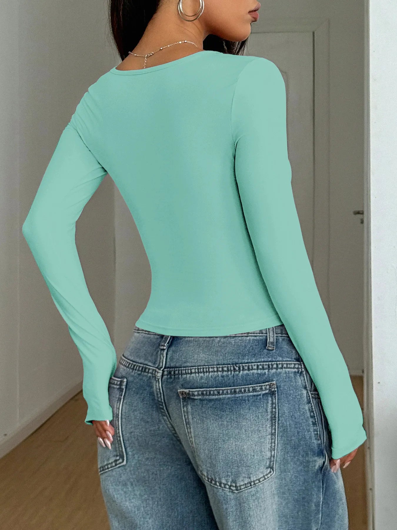 Trendsi Square Neck Long Sleeve Fitted T-Shirt