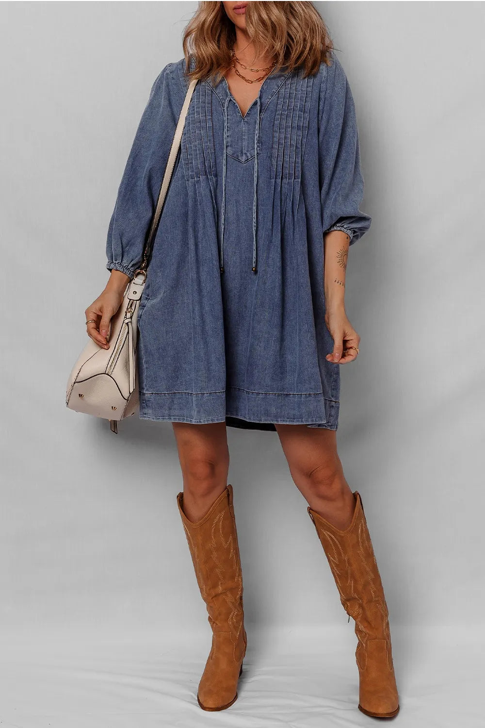 Tie Neck Long Sleeve Mini Denim Dress Easy Apparels