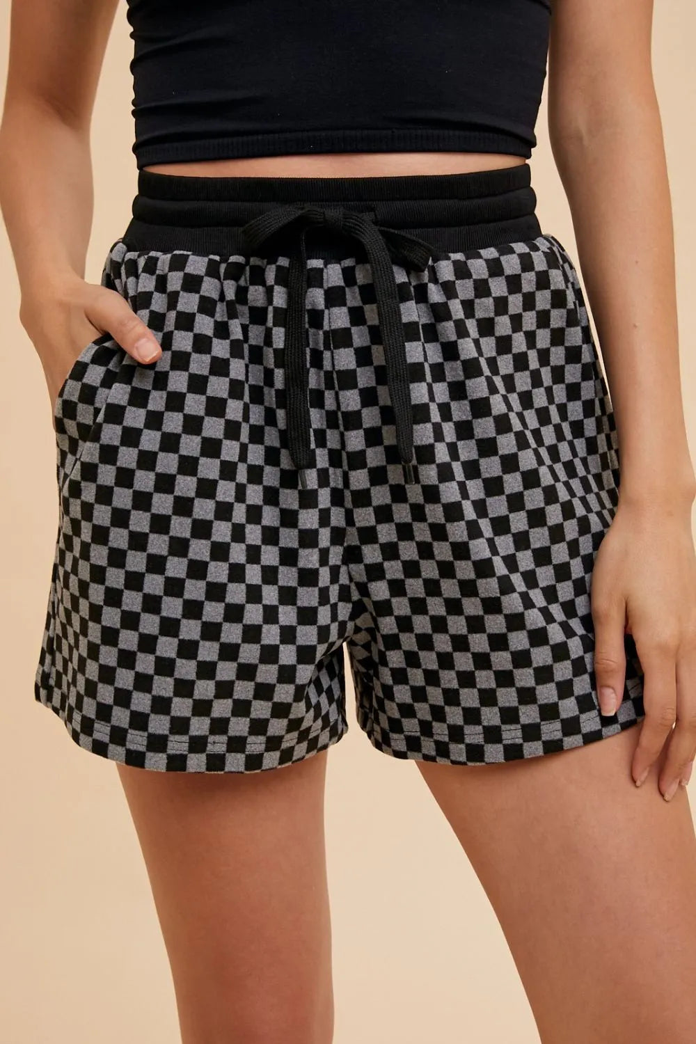 Annie Wear Checkered Round Neck Top and Drawstring Shorts Set Easy Apparels