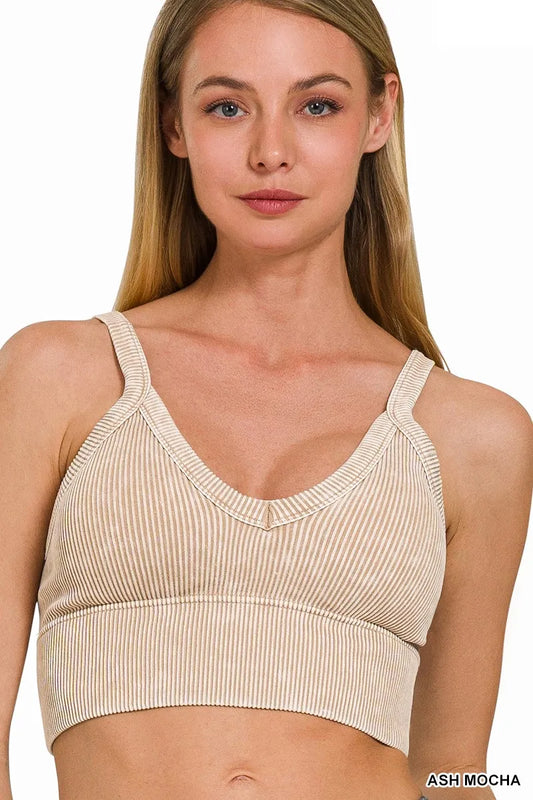 Zenana Washed V Neck Seamless Cropped Bra Top ASH MOCHA Easy Apparels