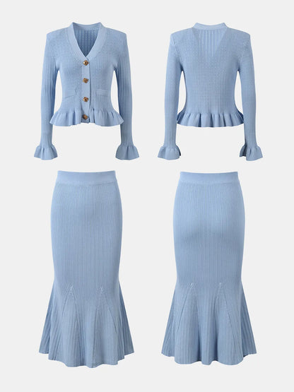 Ruffled V-Neck Top and Midi Skirt Sweater Set Easy Apparels