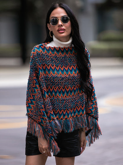 Shiny Fringe Hem Boat Neck Poncho Easy Apparels