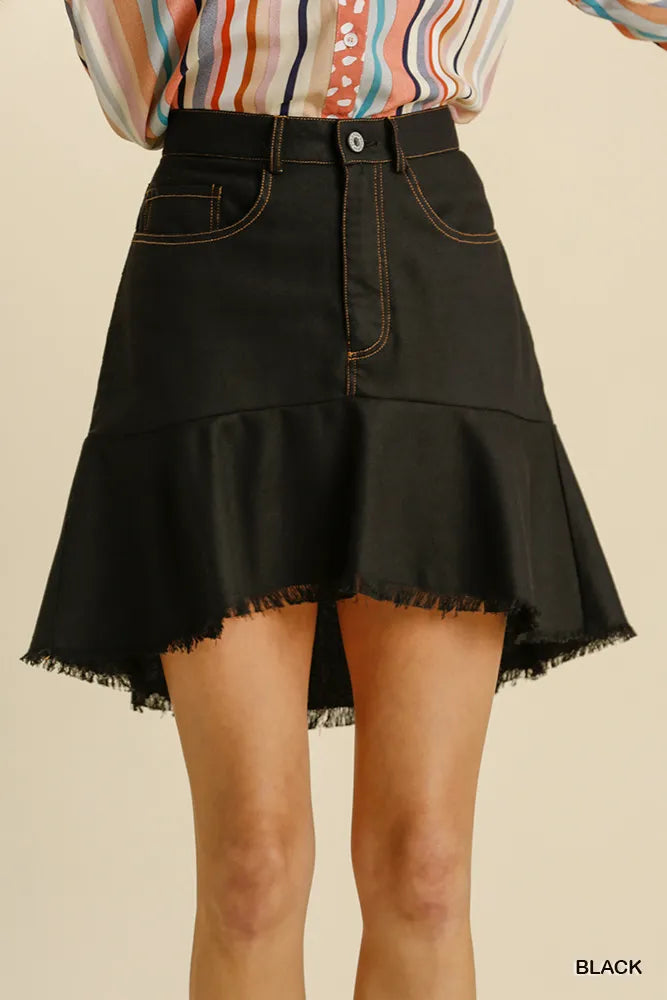 Umgee Linen Blend 5 Pockets High Low Skirt with Frayed Hem Black Easy Apparels