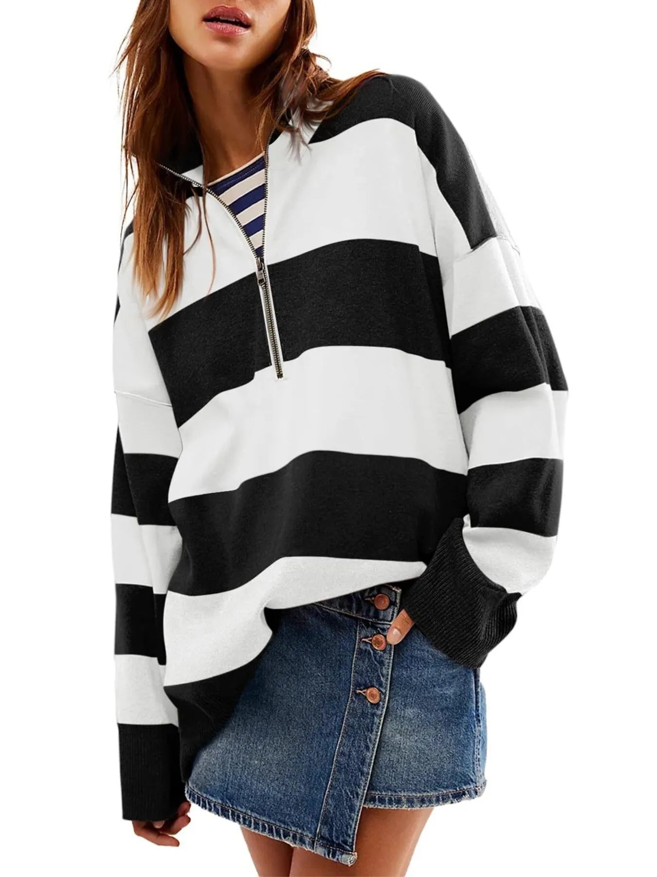 Trendsi Striped Half-Zip Oversized Sweatshirt