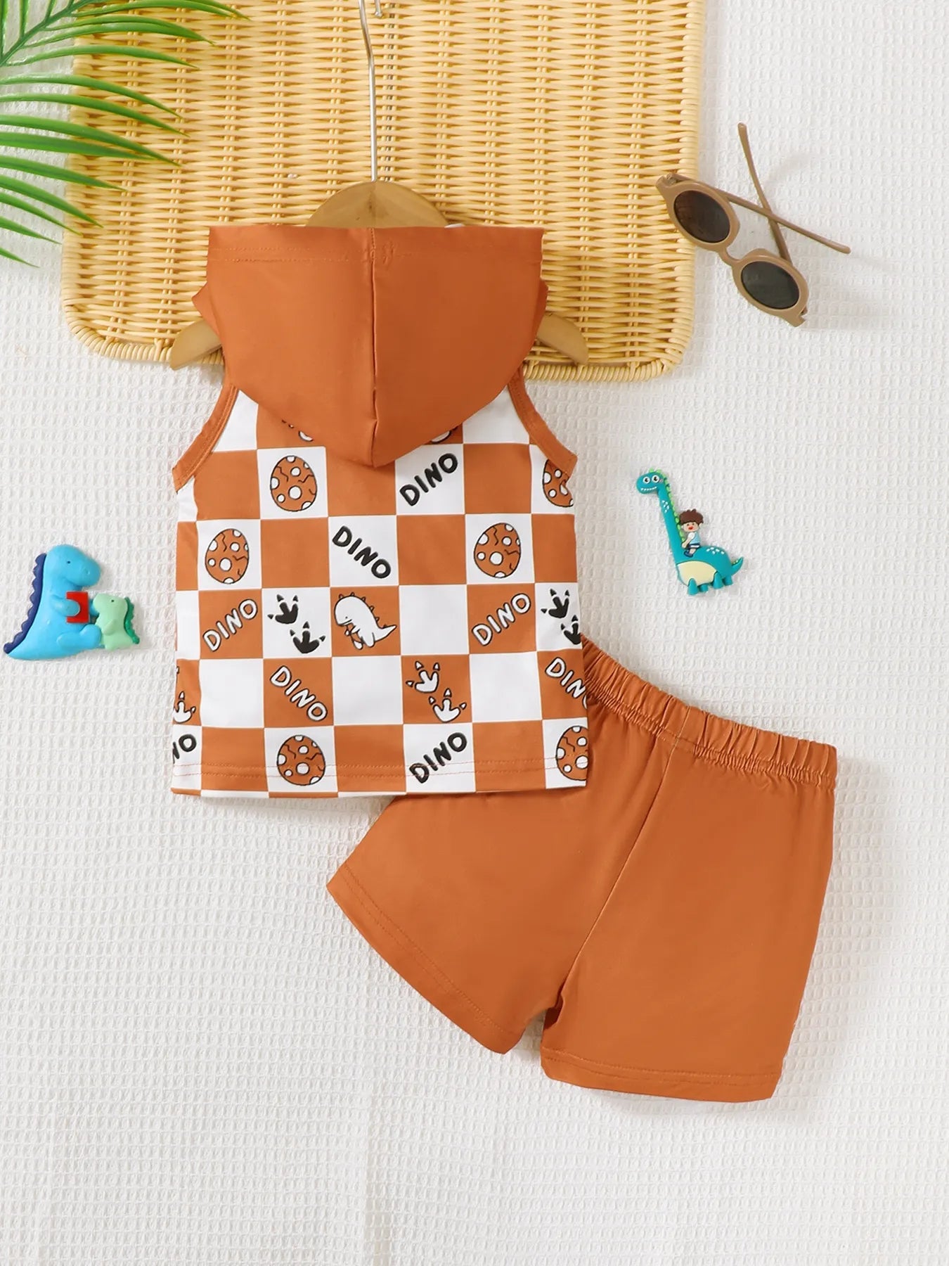 Children's Dinosaur Checkered Sleeveless Hooded Top and Shorts Set Easy Apparels