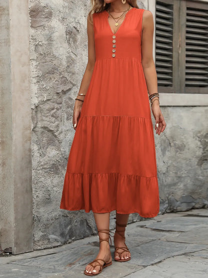 Ivy Lane Decorative Button Notched Sleeveless Dress Easy Apparels