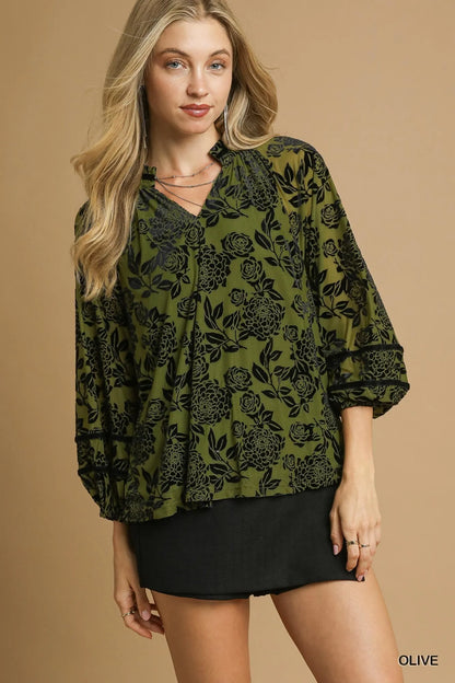 Trendsi Umgee Full Size Floral Velvet Blouse with Balloon Sleeves Plus Size Olive