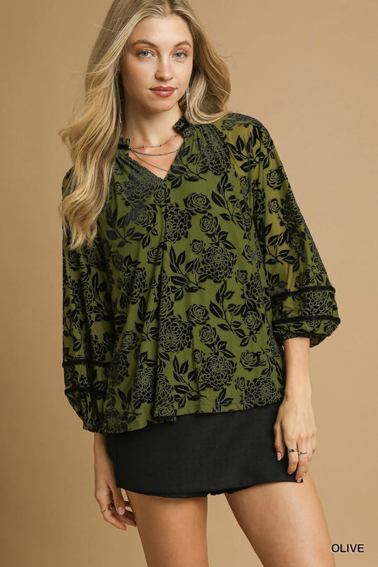Trendsi Umgee Full Size Floral Velvet Blouse with Balloon Sleeves Plus Size Olive