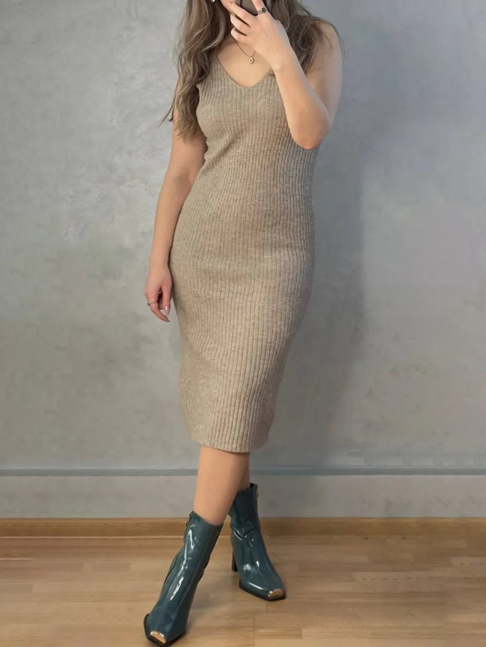 V-Neck Cami Dress and Open Front Cardigan Sweater Set Easy Apparels