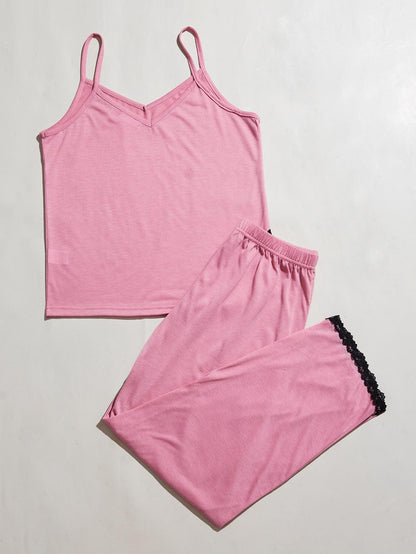 V-Neck Lace Trim Slit Cami and Pants Pajama Set Pink Easy Apparels