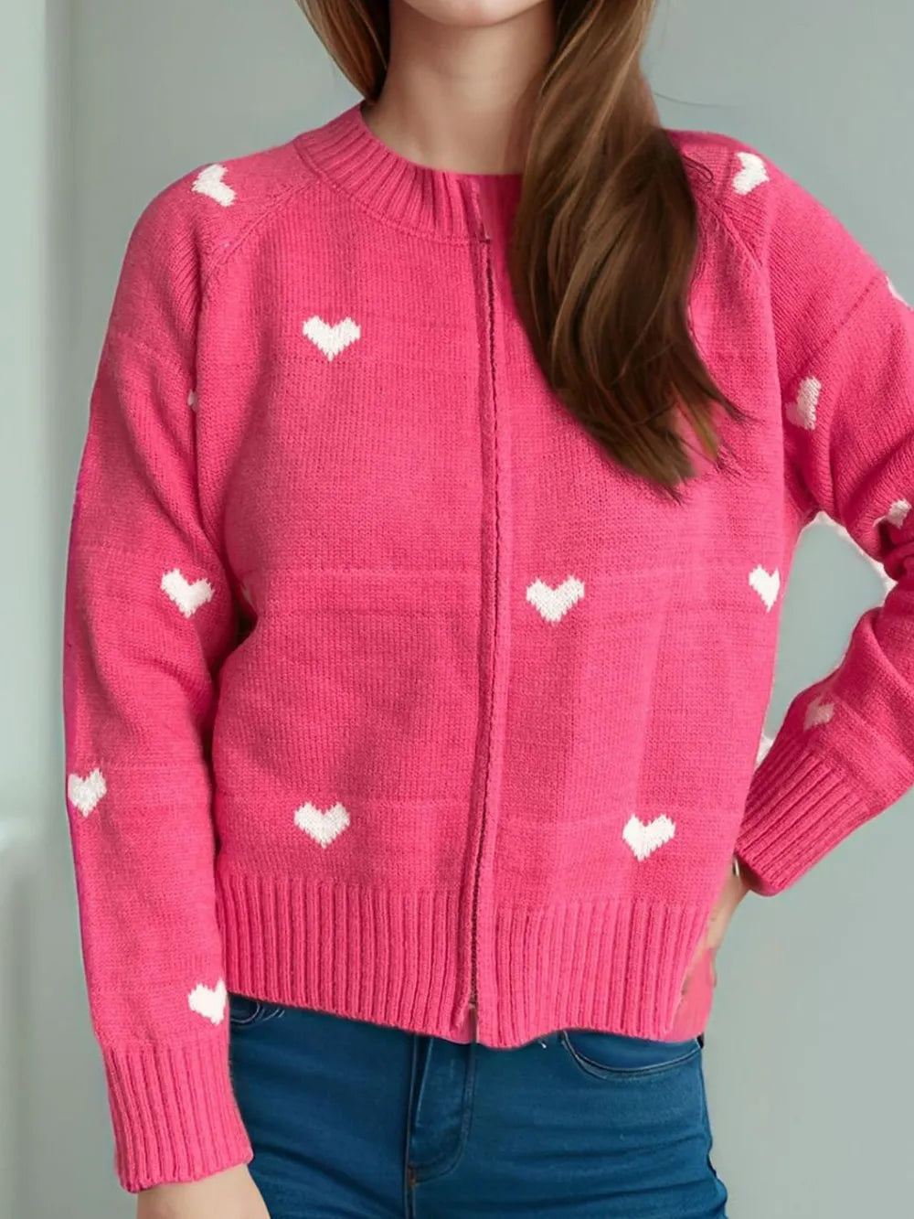 Heart Round Neck Zip Up Cardigan Easy Apparels
