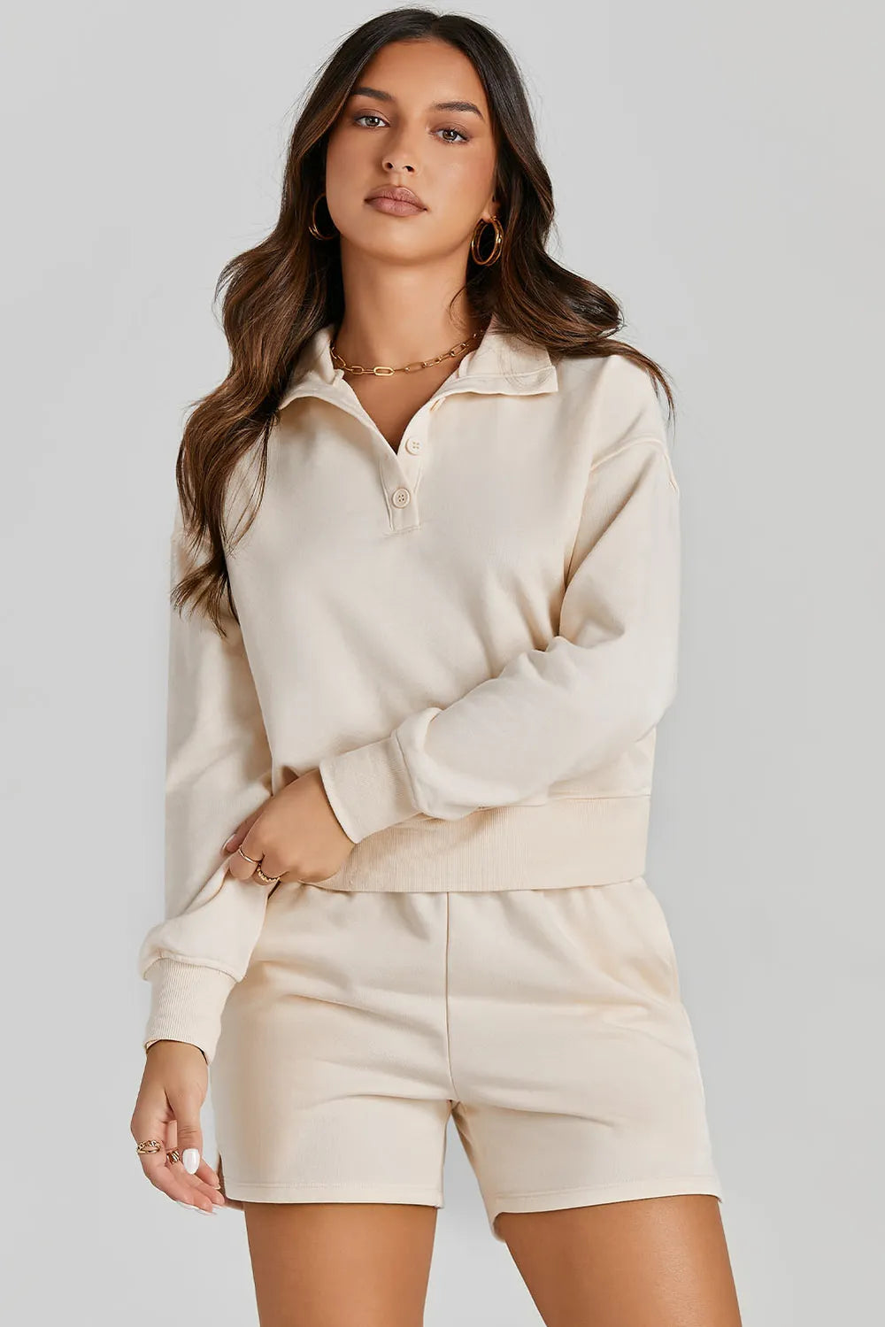 Half Button Sweatshirt and Shorts Active Set Cream Easy Apparels