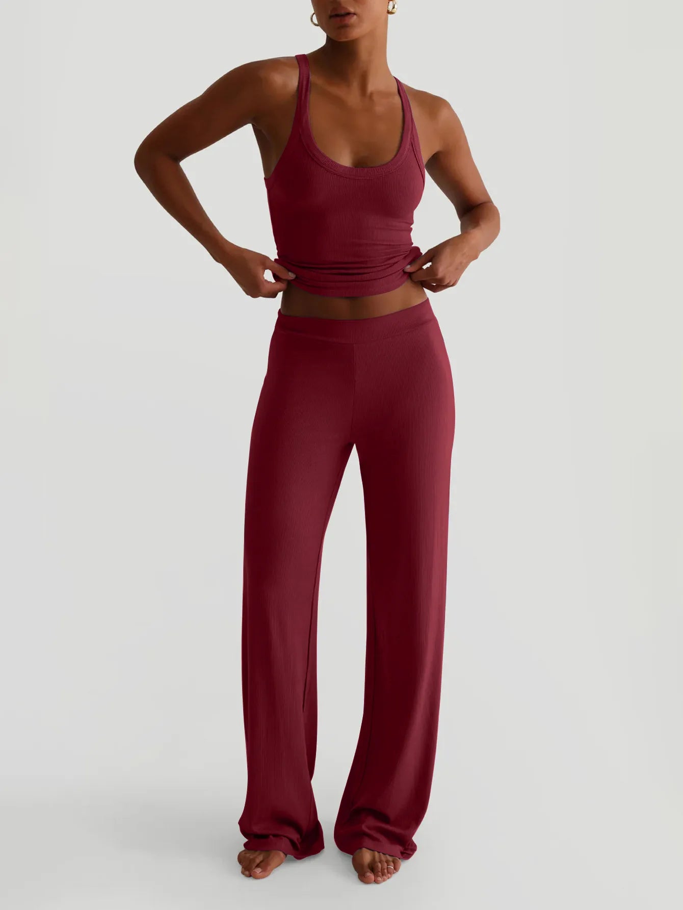 Scoop Neck Tank and Pants Set Burgundy Easy Apparels