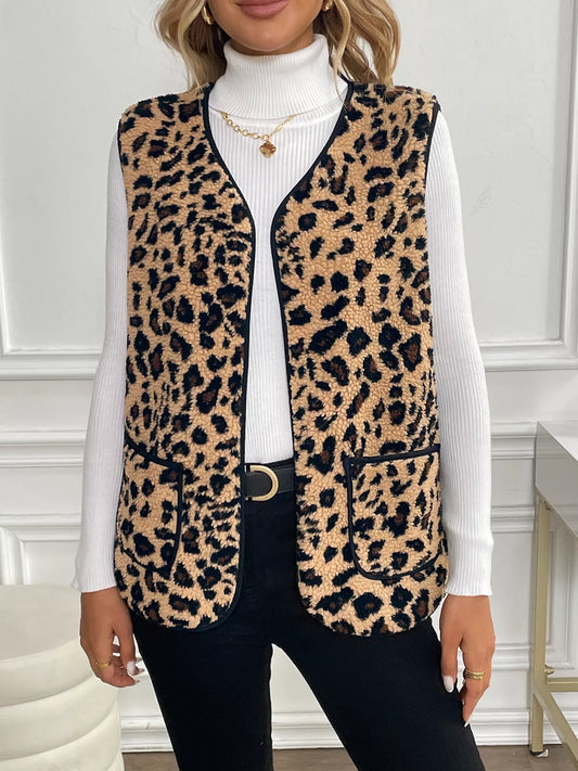 Leopard Fleece Vest Coat with Pockets Coffee Brown Easy Apparels