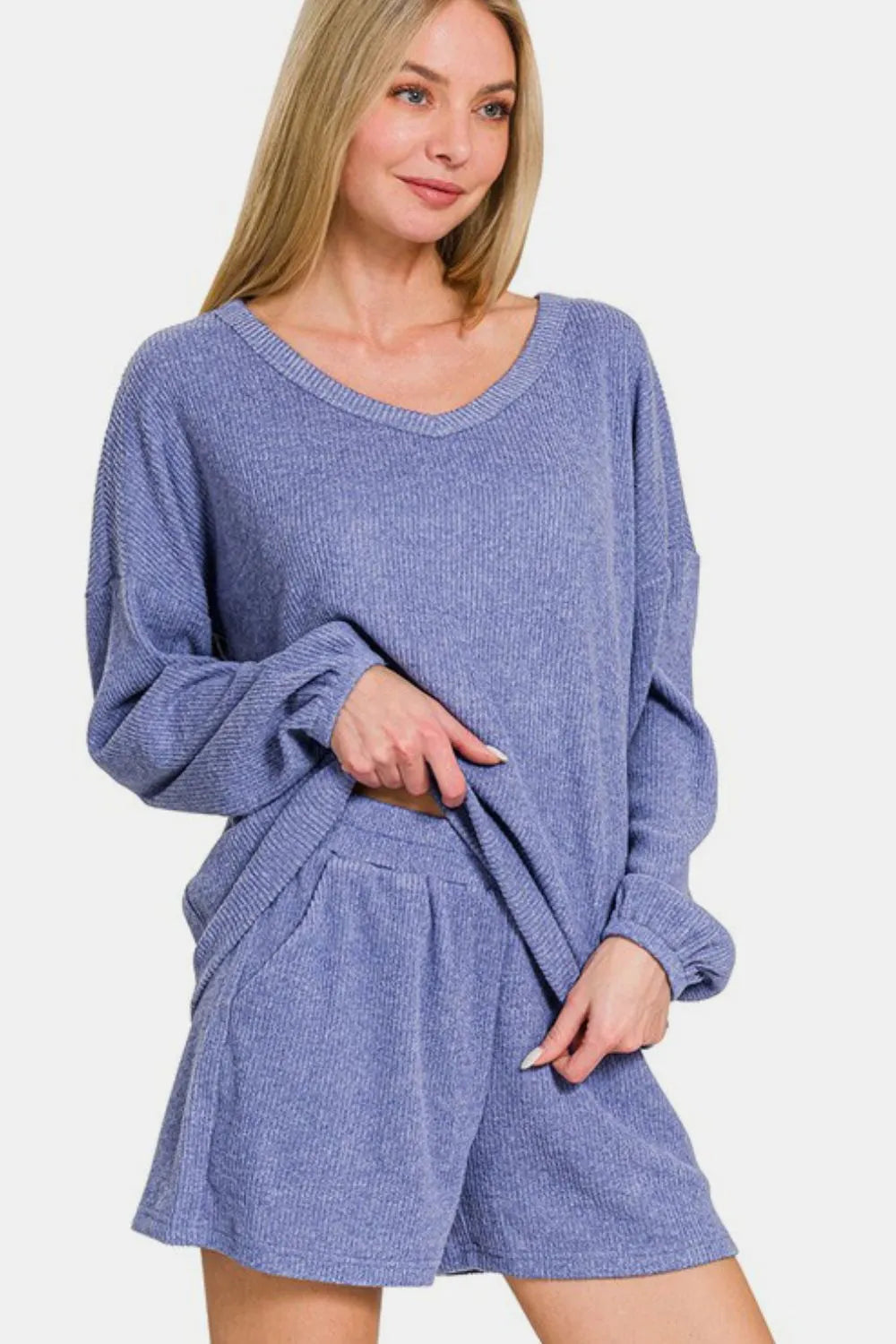 Zenana V-Neck Long Sleeve Ribbed Top and Shorts Set Easy Apparels