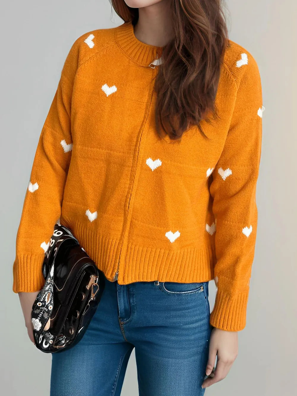 Heart Round Neck Zip Up Cardigan Easy Apparels