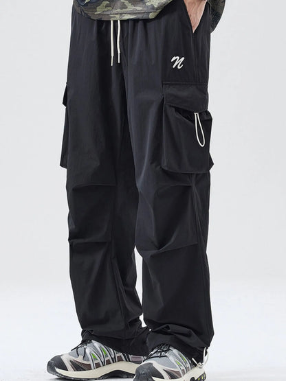 Men's Full Size Multi-Pocket Cargo Utility Pants with Drawstring Plus Size Black Easy Apparels