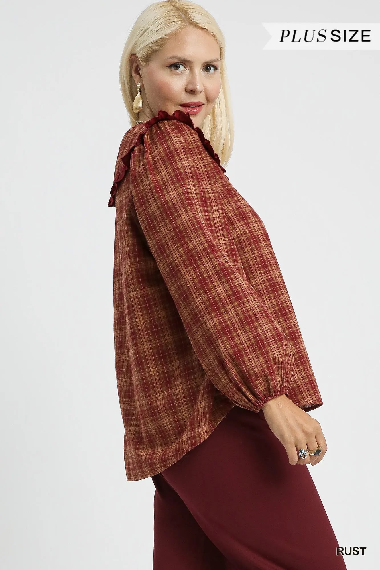 Umgee Full Size Plaid Ruffle Collar Blouse Plus Size Easy Apparels