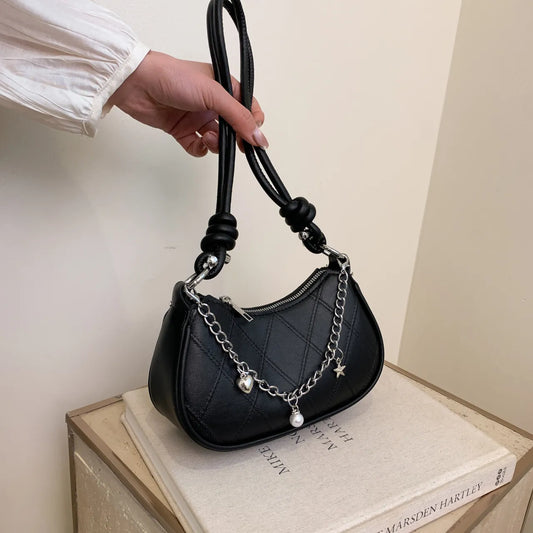 Chain Detail Crescent Shoulder Bag Black onesize Easy Apparels