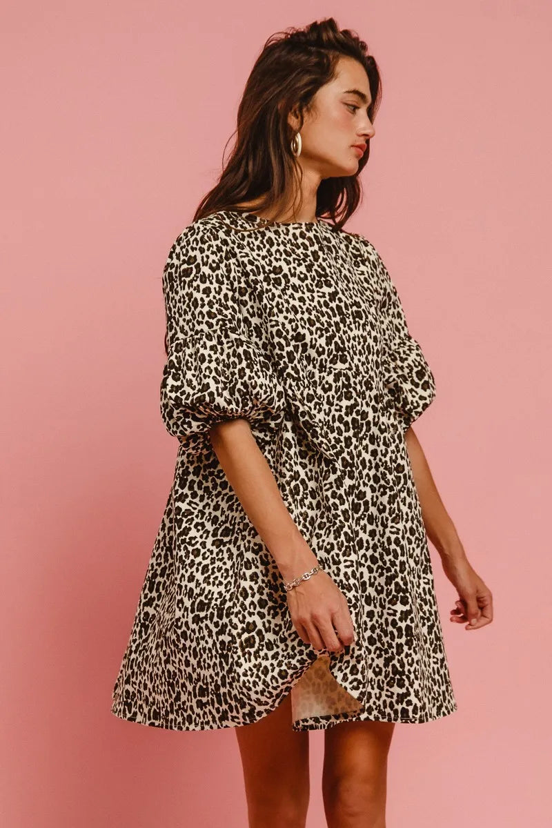 BiBi Leopard Denim Dress With Back Contrast Tie Detail Easy Apparels