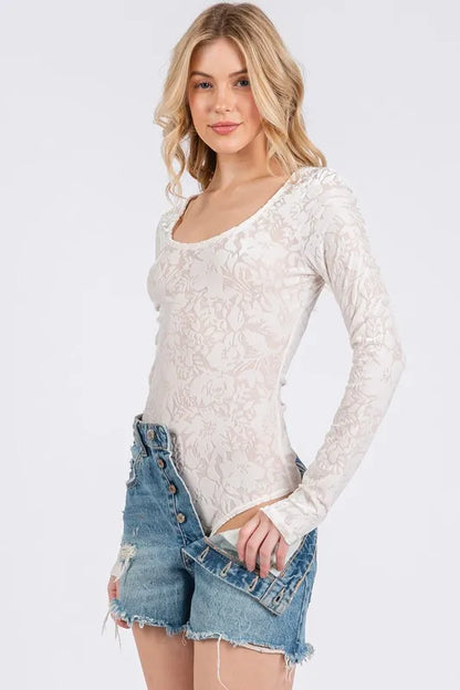 Trendsi Ces Femme Velvet Floral Long Sleeve Bodysuit