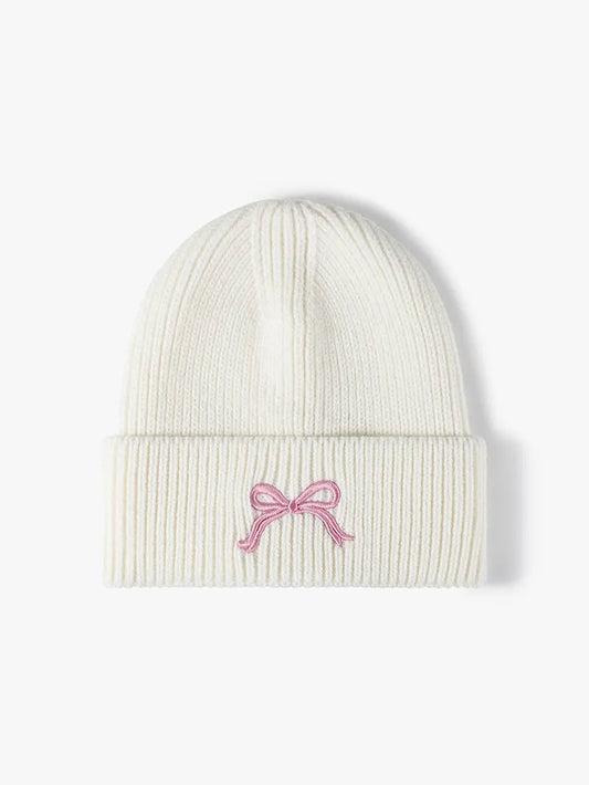 Embroidered Bow Knit Hat White One Size Easy Apparels
