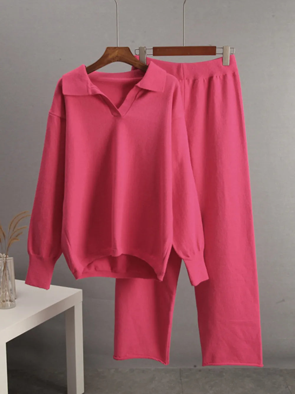 Johnny Collar Long Sleeve Top and Pants Sweater Set Easy Apparels