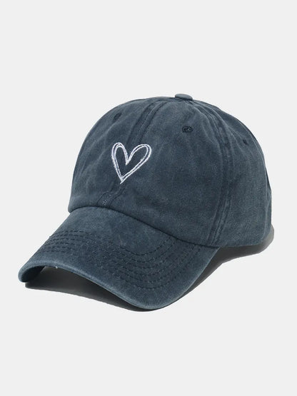 Embroidered Heart Washed Cotton Baseball Cap Dark Blue One Size Easy Apparels