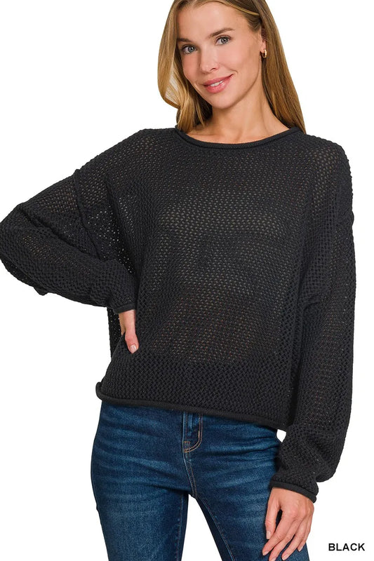 Zenana Textured Drop Shoulder Knit Top BLACK Easy Apparels